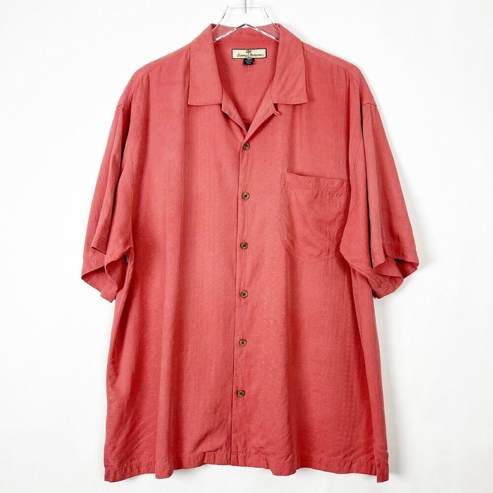 Tommy Bahama Camp Shirt Men's Large Coral 100% Silk Short Sleeve Classic Fit